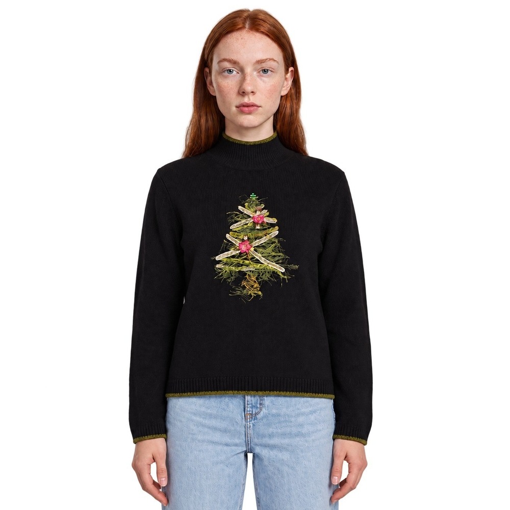 Talbots Christmas Tree Sweater Women's Size Medium Black Embellished Vintage